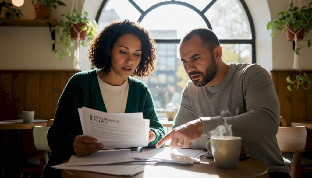 Couple reviewing insurance documents at home