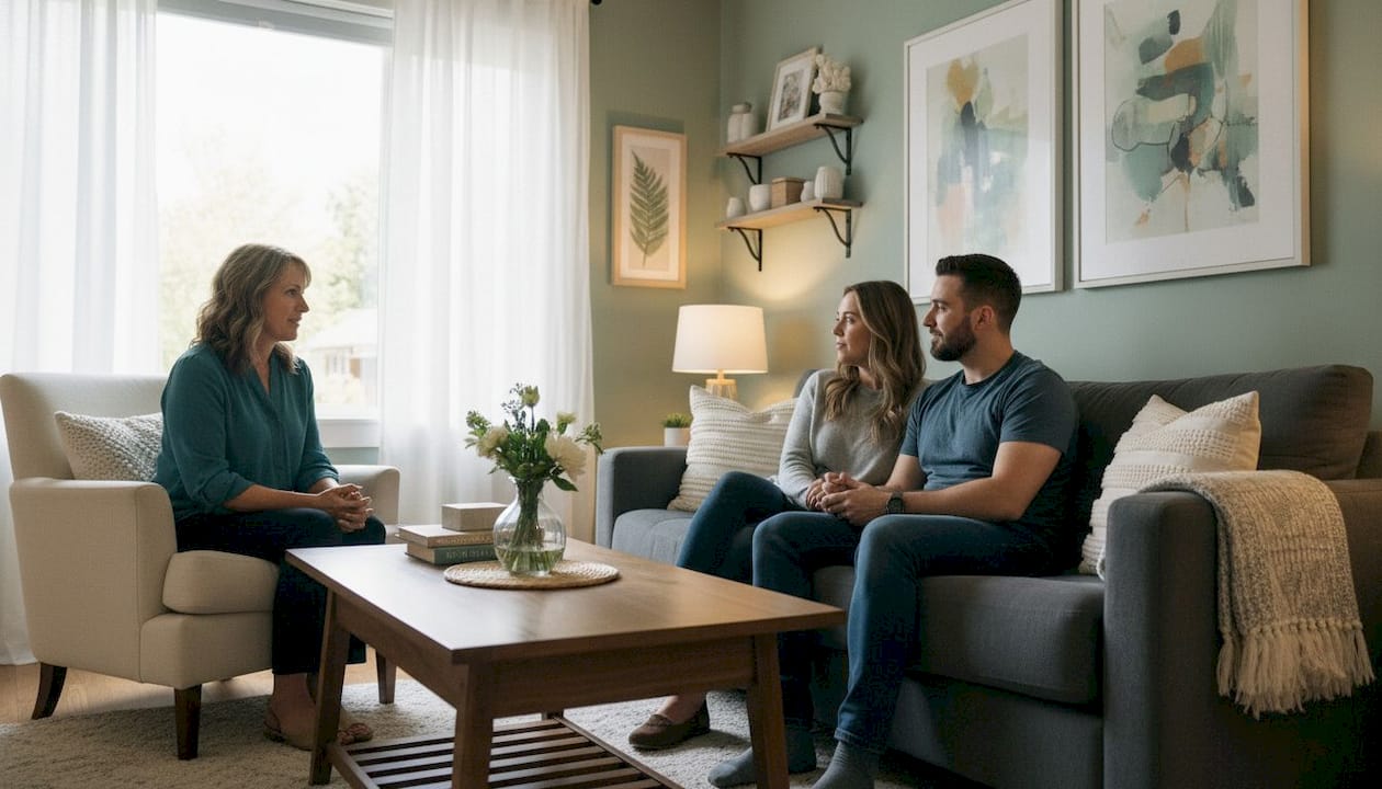 Therapist consulting couple in Washington clinic