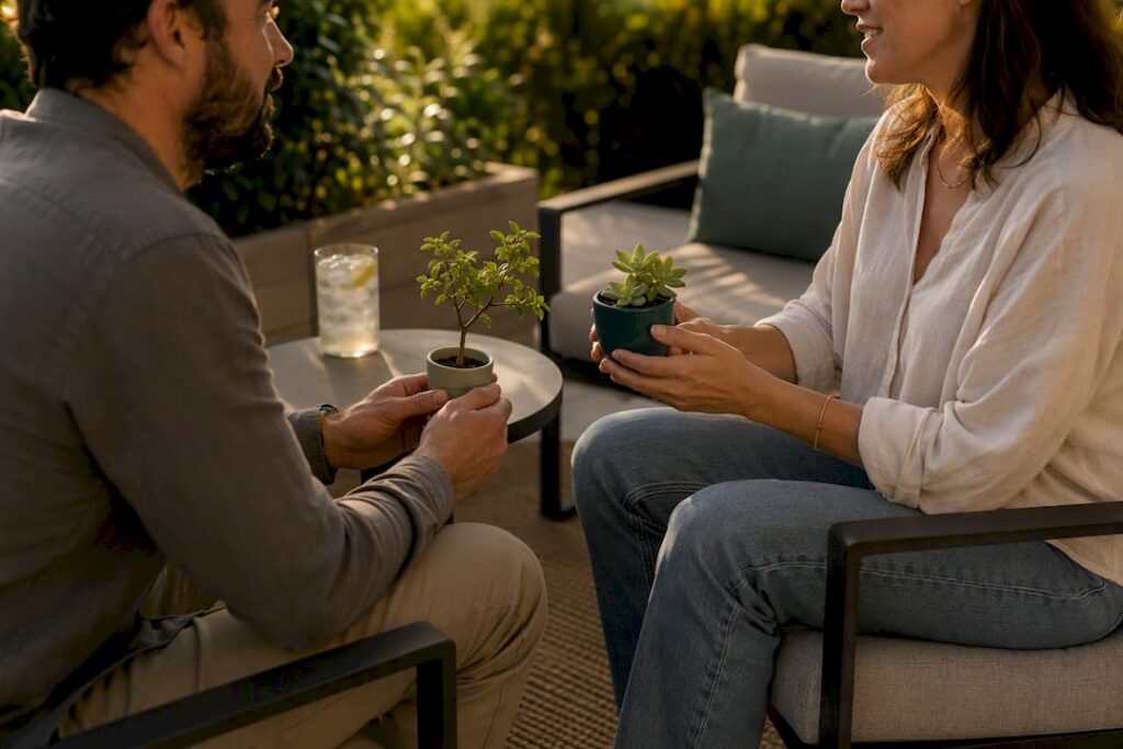 Couple practicing communication exercise seated on floor